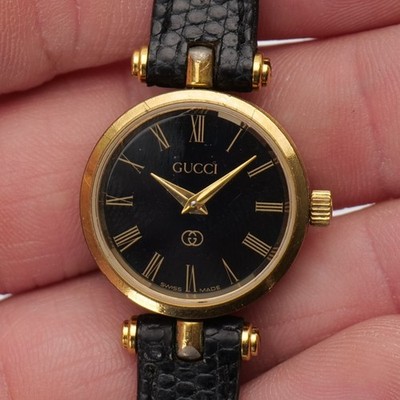 Vintage Gucci Watch Women 22mm Black Dial Gold Ton New Battery