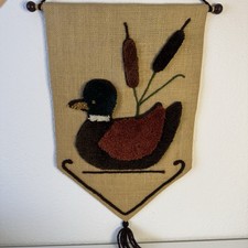 Vintage Burlap Rug Wall Hanging Duck Cattails Lake 70’s Retro 