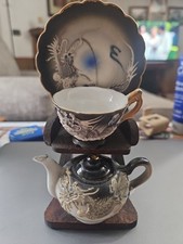 Dragonware Mini Teapot with Cup and Saucer Japanese Black Raised Dragon Royal