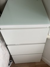 Two Ikea Malm White 3 Drawer Bedside Cabinet 40x48x78cm With Glass Top
