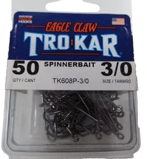 Eagle Claw TROKAR  TK608P-3/0     Spinner Bait Hook   ROUND Bend 50 COUNT Pack