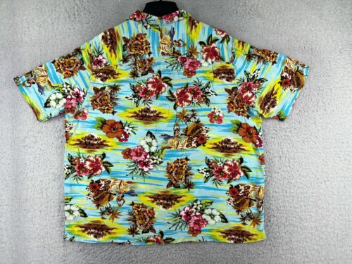 George Shirt Mens 2XL XXL Blue Yellow Floral Hula Girl Guitar Print Hawaiian - Picture 2 of 15