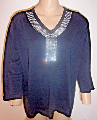 Las Olas Top Black 3/4 Sleeve  Rhinestone Embellished  Dressy  Size XL