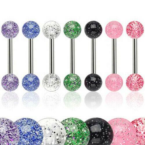 7 pack of Glitter Ball Tongue Bars Nipple Barbells Surgical Steel 1.6mm / 16mm - Picture 1 of 1