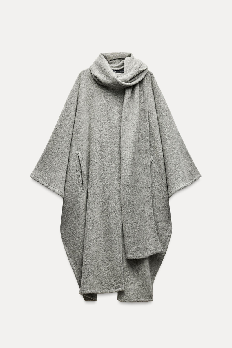 Zara Alpaca Wool Blend Scarf Cape Coat ZW Collection Grey M Medium