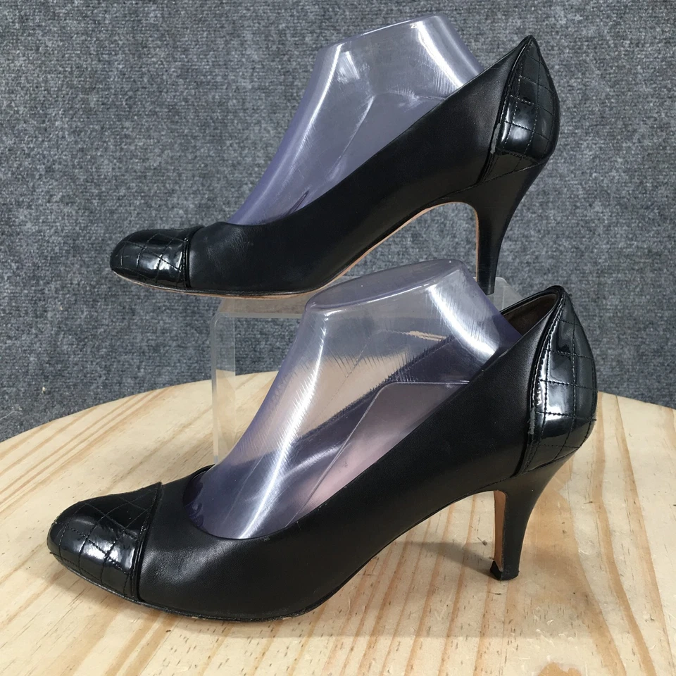 Sapatos Brooks Brother Feminino 9.5 Salto Bomba Couro Preto Colcha Biqueira - Imagem 2 de 4