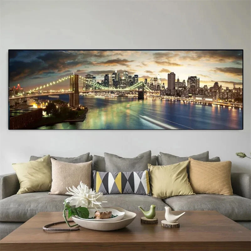 Paisaje Nueva York Skyline Vista Nocturna Lienzo Pintura Impresiones Pared Decoración del Hogar Foto 2 de 3