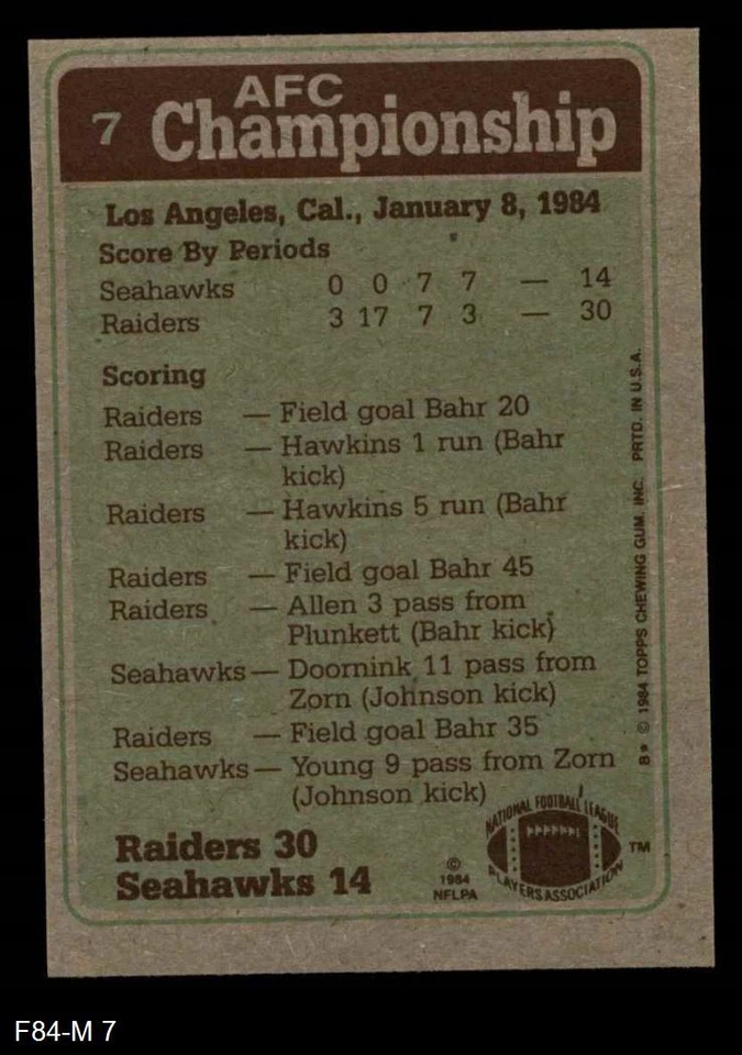 1984 Topps #7 AFC Championship Raiders / Seahawks 8 - NM/MT - Image 2 of 2