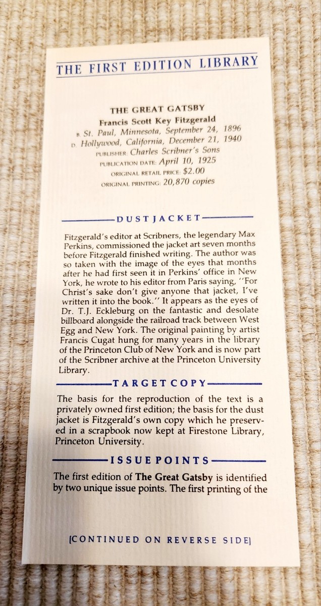 THE GREAT GATSBY F. Scott Fitzgerald FIRST EDITION LIBRARY
