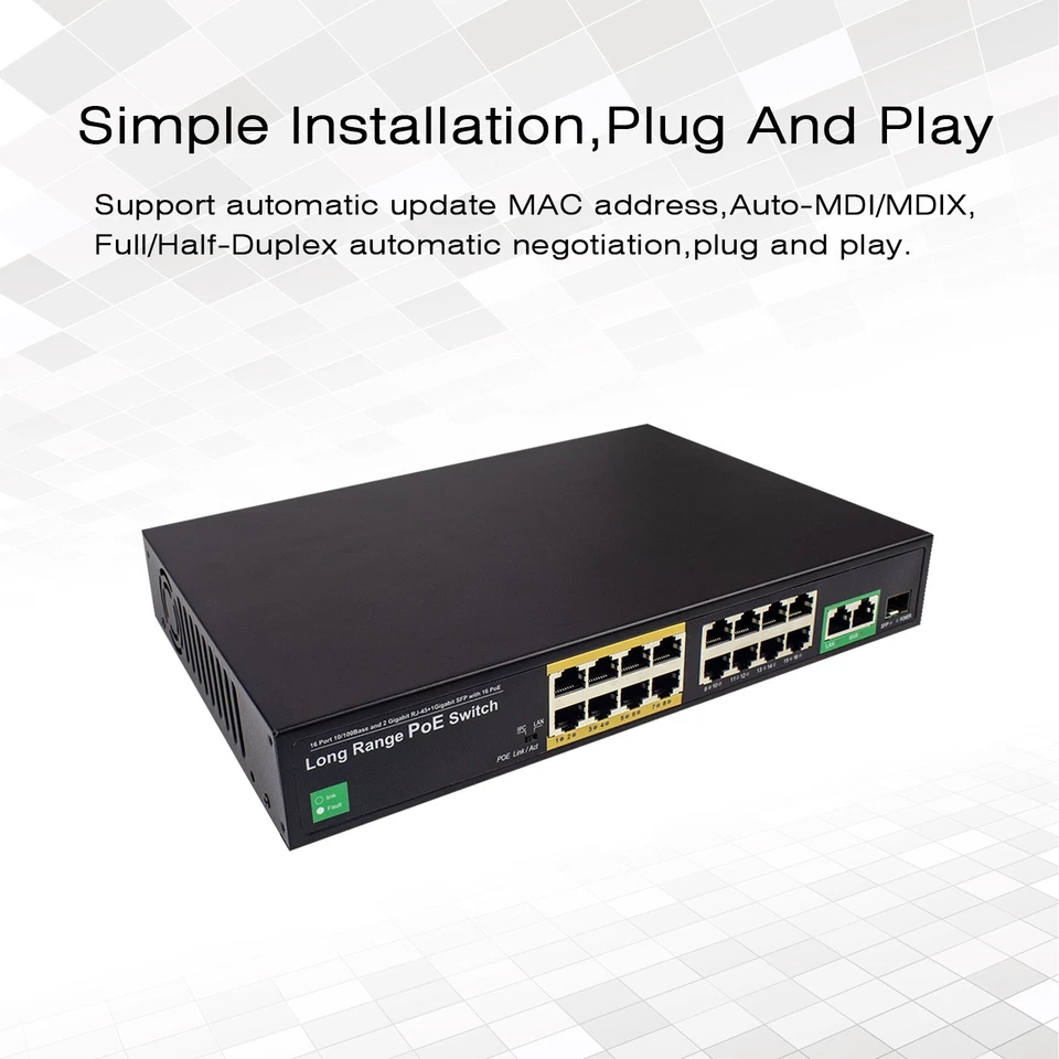 16 Port PoE Switch with 2 Gigabit Uplink Port 250W Power Support IEEE802.3af/at - Image 3 of 4