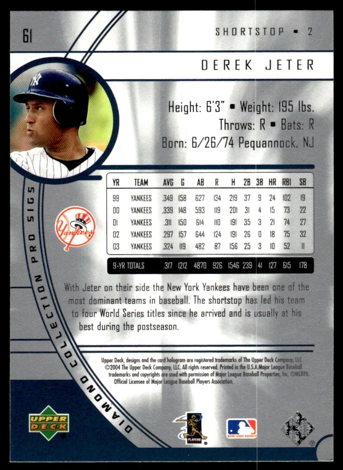 2004 Upper Deck Diamond Collection Pro Sigs Derek Jeter New York Yankees #61 - Image 2 of 2