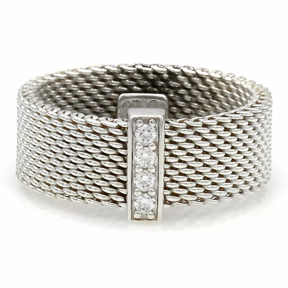 Tiffany Co. Sommerset Mesh Ring with Diamond Accents Sterling