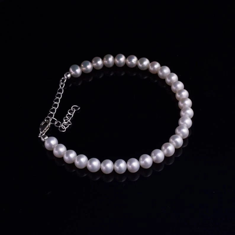 Hermosas pulseras redondas lisas de perlas blancas con cuentas de piedras preciosas de 4-6 mm para mujer de 6-8"" Foto 3 de 4
