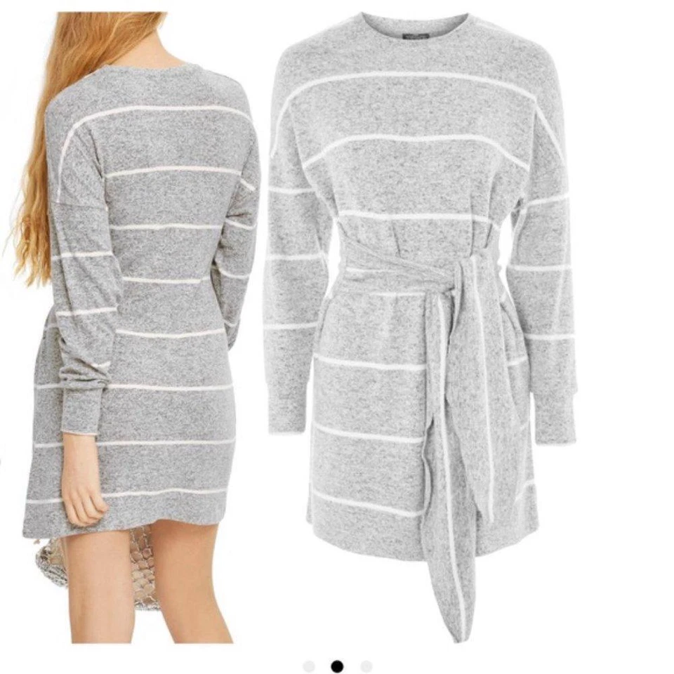 Topshop Fleece Grey White Striped Long Sleeve Front Tie Waist Dress Size US 4 - Изображение 2 из 4