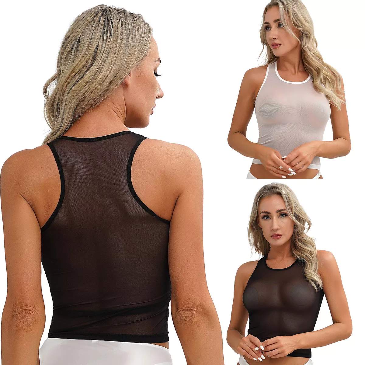 Womens See-Through Tank Top Vest Solid Color Sleeveless T-shirt Tops  Clubwear