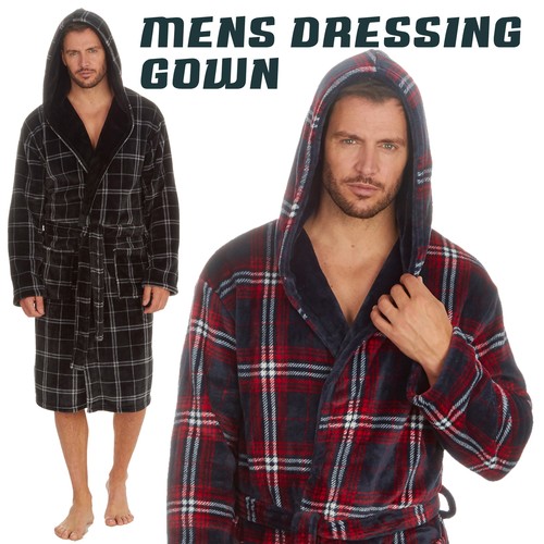Mens Checked Dressing Gown Tartan Classic Hooded Flannel Fleece Size M