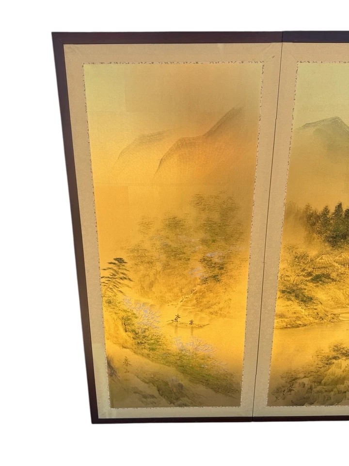 Pintura Pantalla Plegable Japonesa Byobu 4 Paneles Fondo Dorado Cuatro Estaciones Años 70’s Foto 2 de 4
