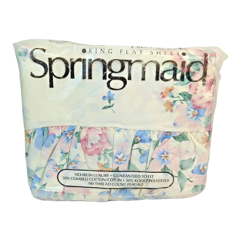 Vtg Springmaid King Sheet Set Flat & Fitted Floral Bridal Bouquet NOS New 1990s - Image 4 of 4
