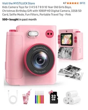Instant Print Camera for Kids-Pink Toys for 3 4 5 6 7 8 9 10 Year Old 1080 P32GB