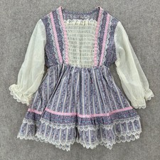 Vintage Floral Print Girls Dress Puff Sleeve Lace Trim Pink Blue