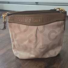 Coach Beige Brown Logo Shoulder Bag Pleated Accents Zip Adjustable Strap