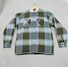 Wrangler Jacket Mens Medium Green Blue Plaid Hooded Flannel Quilted Shacket