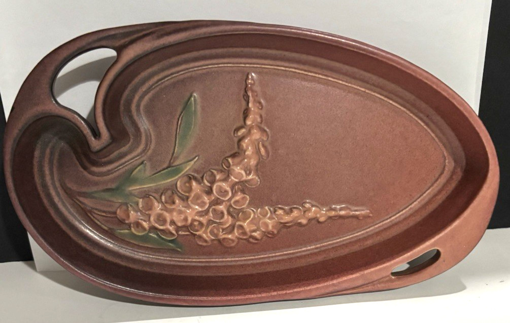 Vintage Roseville Pottery Foxglove Tray in the rose pink/ mauve color