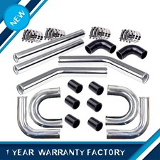 2.5 Universal 8pcs Polished Aluminum Intercooler Kit Black Hose Clamp