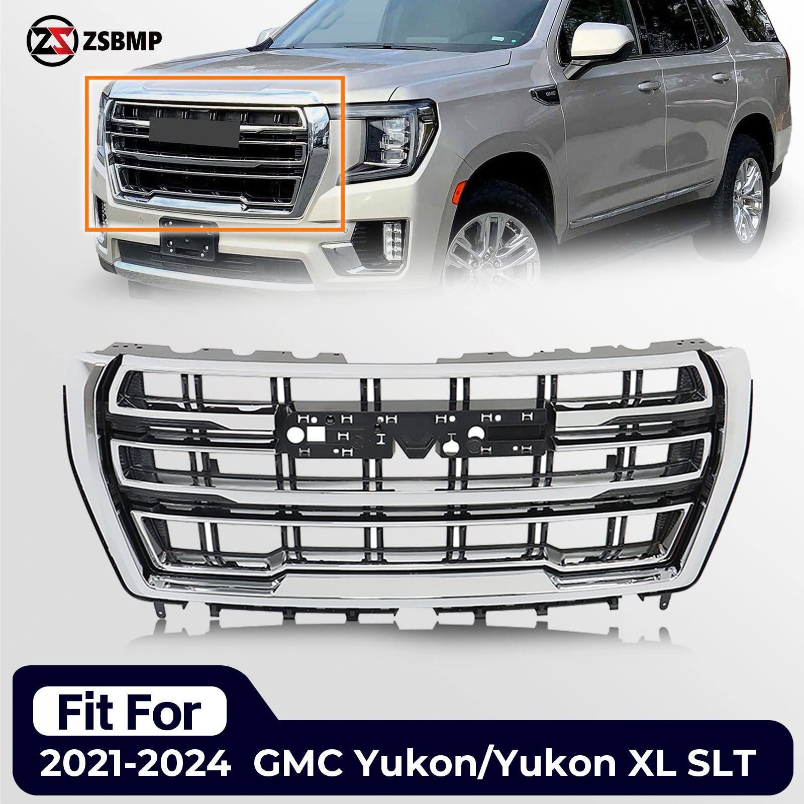 Bright Chrome Front Upper Grille For 2021-2024 GMC Yukon/Yukon XL SLT 84835787