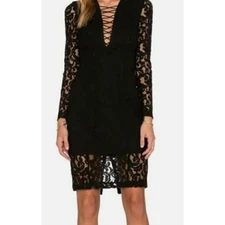 Bardot Dress 10 Black Midi Deep Plunge Lace Up Sexy Sheer Lace Cocktail Party