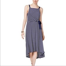Maison Jules Blue White Striped Sleeveless Dress Hi Low Midi Small Resort Beach
