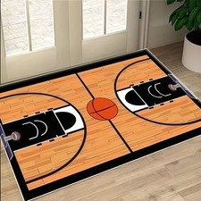 This Velvet-Style Rug Features a Basketball Court Design with a Basketball in