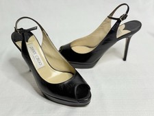 100 Authentic Jimmy Choo Black Leather Peep Toe Slingback Heels Sz 35.5
