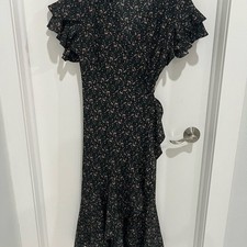 Floral Black Ruffle Sleeve Wrap Around Dress
