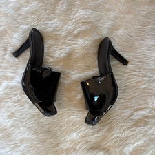 DKNY Glossy Faux Patent Leather Solid Black Open Toe Embellished Mules Size 6