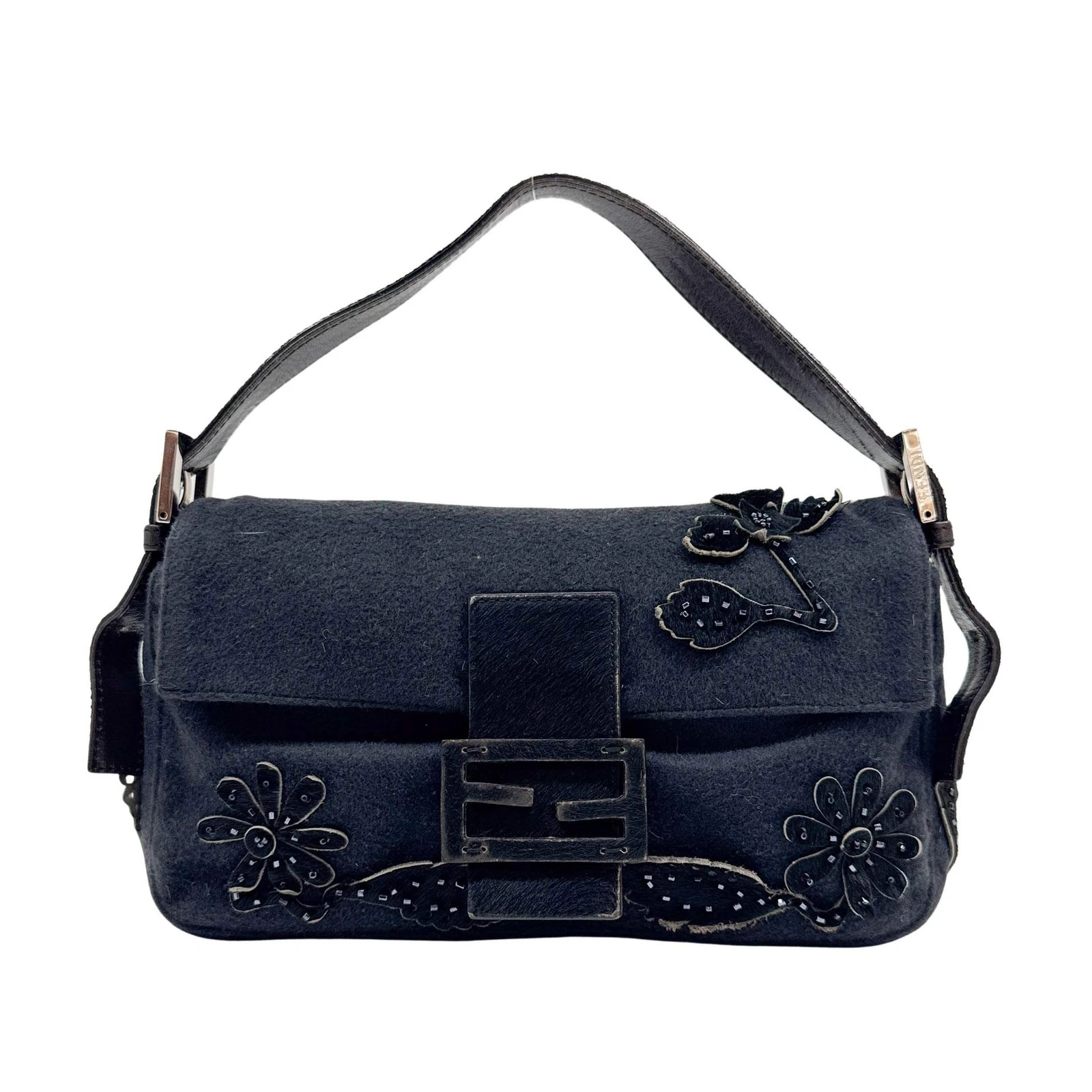 Fendi — FENDI Baguette Floral Pony Hair Applique Gray Wool Shoulder Bag