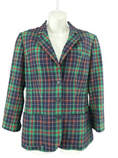VTG Pendleton Classic USA Wool Blazer Jacket Women's 12 Blue Green Plaid EC