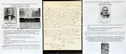 CIVIL WAR COLONEL GETTYSBURG DEAD NH SENATOR JUDGE MASON VRC LETTER SIGNED 1865