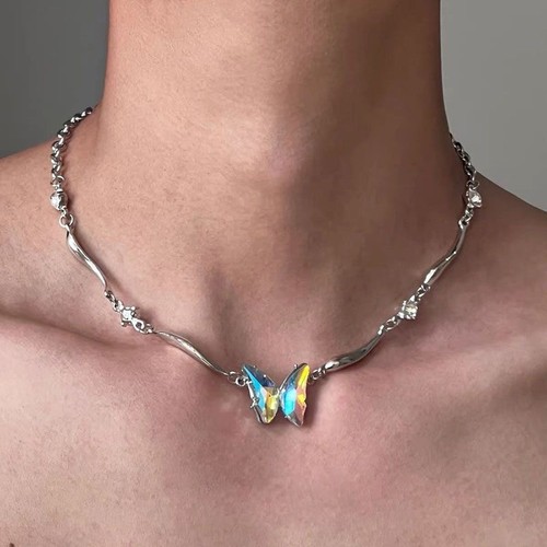 Y2K Gradient Butterfly Choker Necklace Colorful Collarbone Jewelry for Women