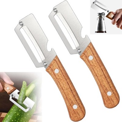 2 PCS Multi-Functional Vegetable Peeler with Wooden Handle, Stainless Steel B...
