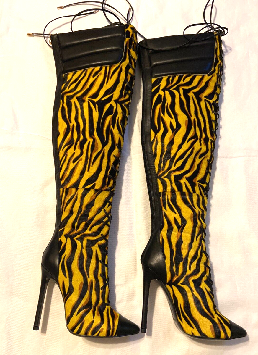 I am JENNIFER LE Yellow Tiger Calf Hair Leather Tall Thigh Boots