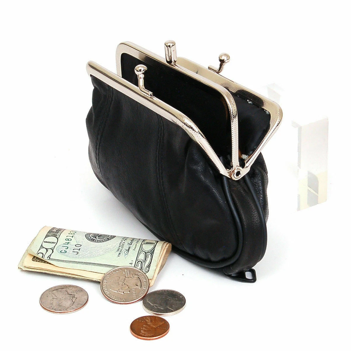 Black Genuine Leather Women Dual Compartment Large Coin Purse