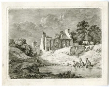 Antique Master Print-LANDSCAPE-WASHERWOMAN-Boissieu-1773