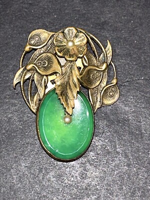 MIRIAM HASKELL FUR CLIP BROOCH Gold Pearl Green Jade Color READ