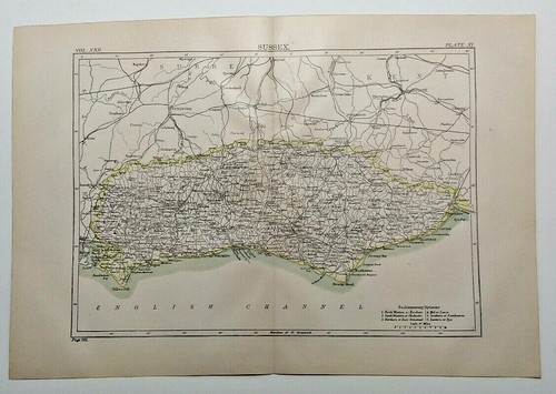 1894 Vintage SUSSEX, UK Atlas Karte alte authentische antike Enzyklopädie Britannica