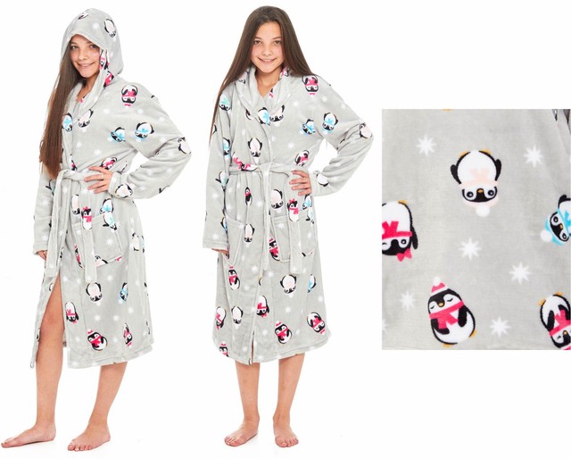 Penguin Dressing Gown Girls Childrens Fleece Hooded Flannel Grey