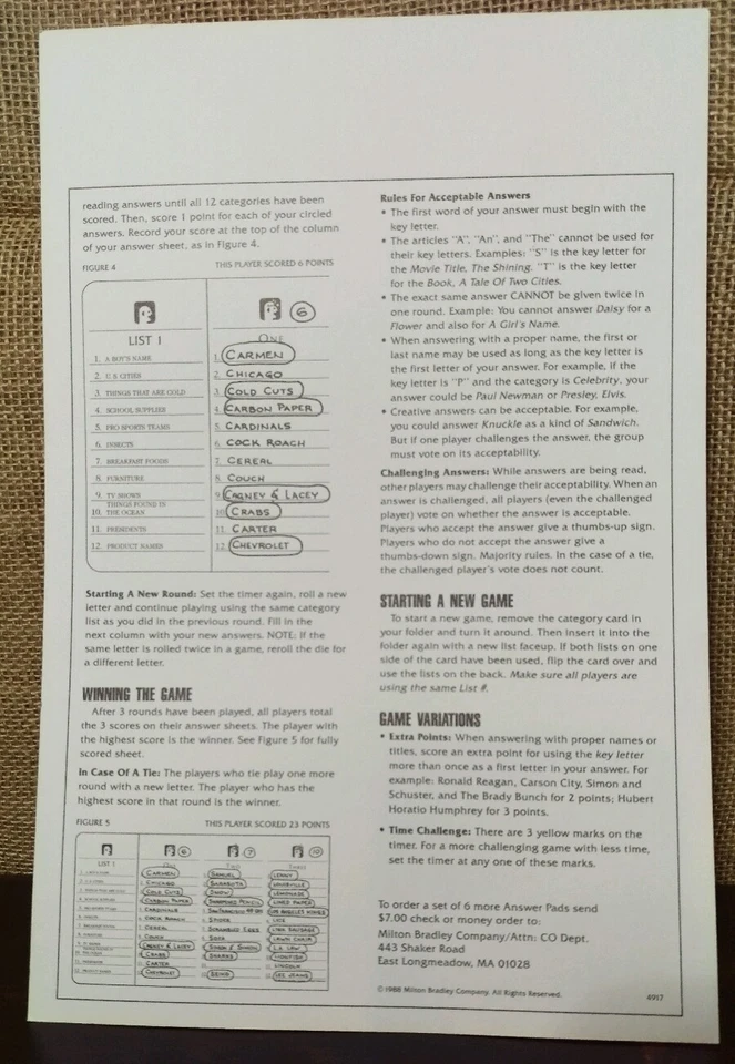 1988 Milton Bradley Scattergories INSTRUCTION SHEET CARD Replacement Part  - Image 2 of 2
