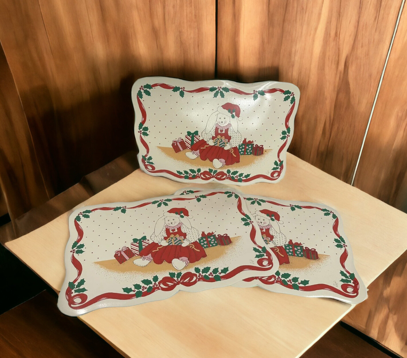 Vintage Vinyl Christmas Placemats Lot Of 3 Rabbit Presents Holiday Decor eBay