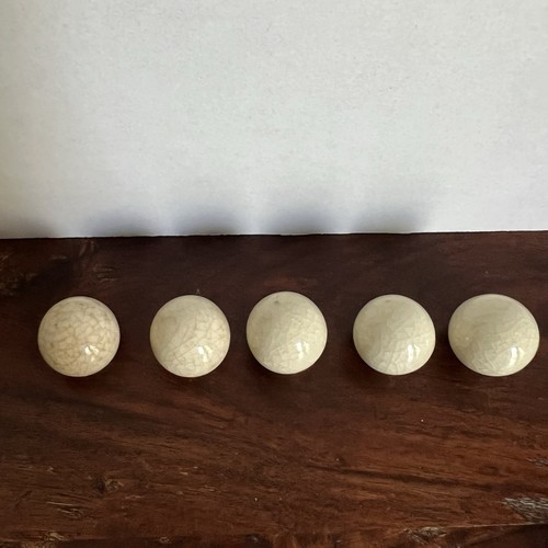 Vintage Round Knobs With Crackled Glaze, Ivory Color Set Of 5