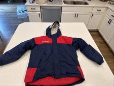 Columbia Youth Jacket Adult Size 14/16 Red Blue Puffer Zips Hood Pockets Ski